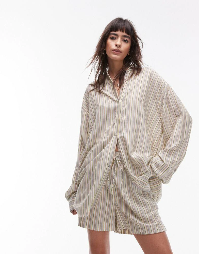 Topshop Topshop co-ord relaxed slubby shirt in green stripe 1