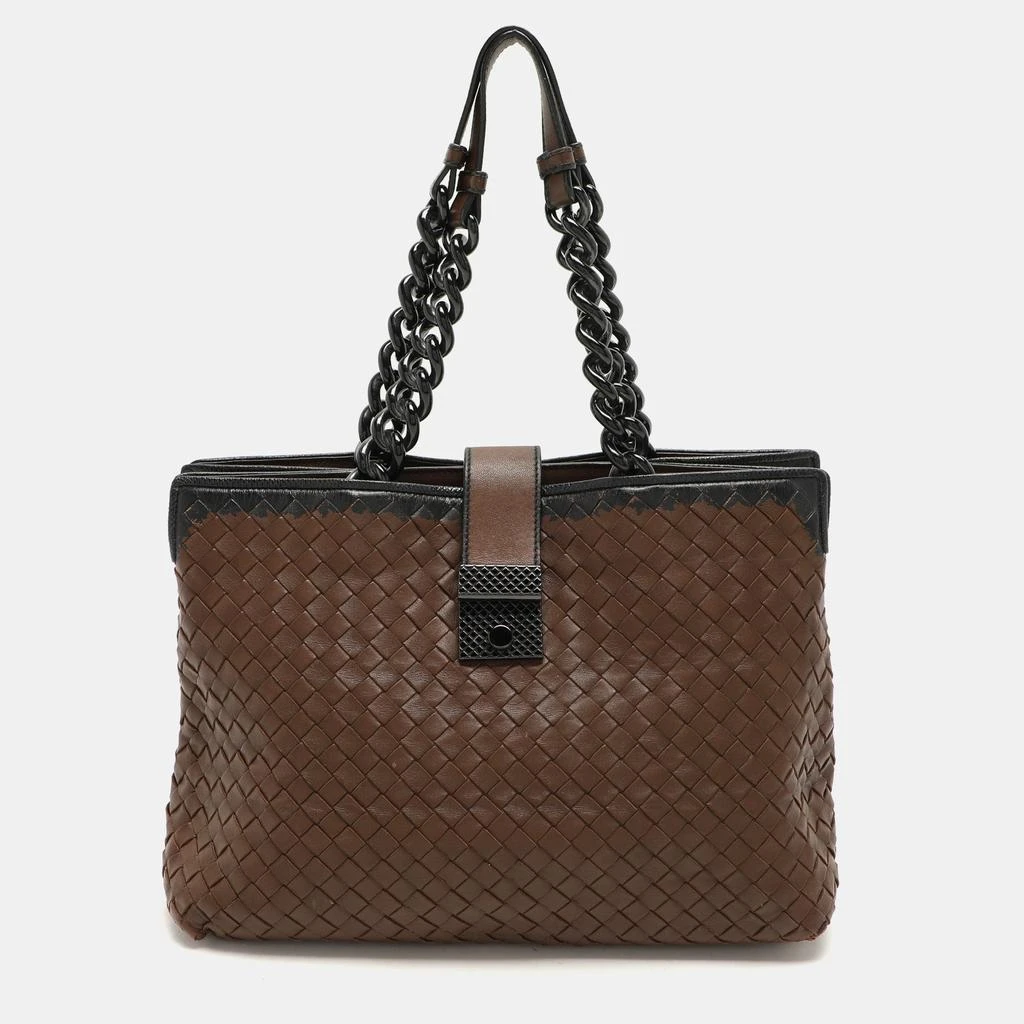 Bottega Veneta  Brown/black Intrecciato Leather And Karung Chain Tote 1