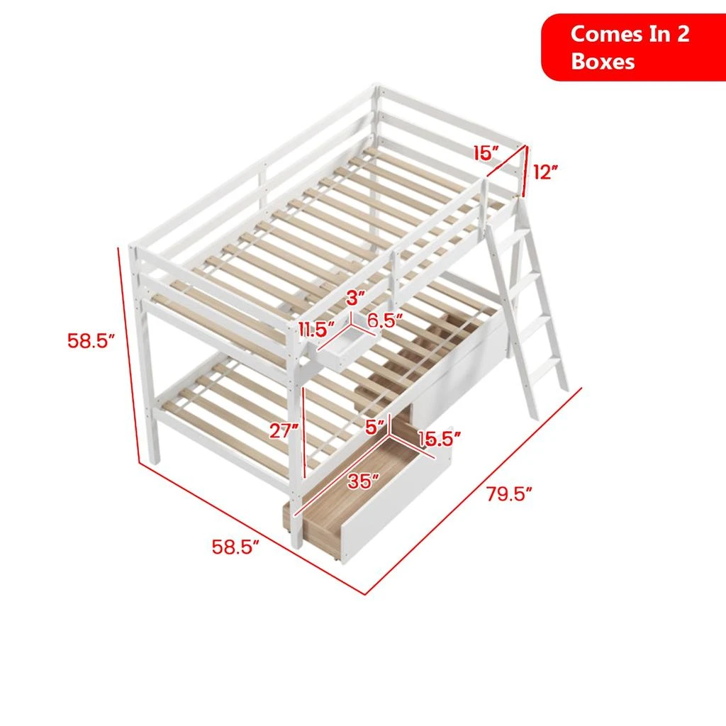 Hivvago Twin-Over-Twin Wooden Bunk Bed with Ladder and Built-In Storage Drawers 3