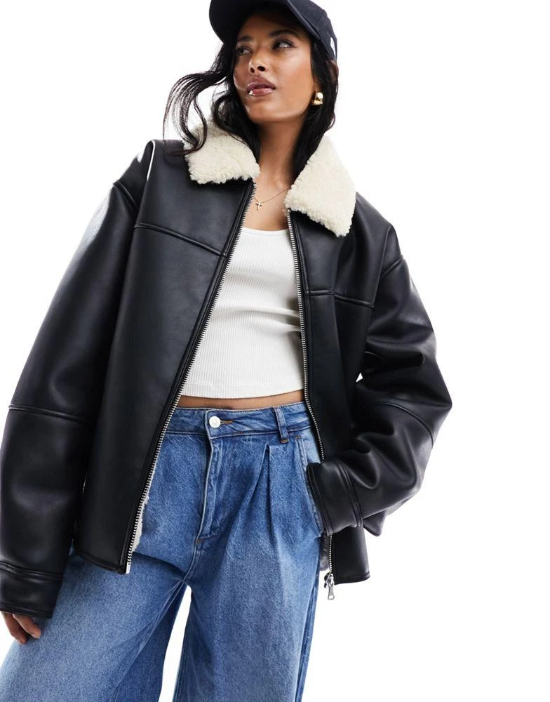 Shop ASOS DESIGN bonded borg top collar aviator jacket in black on
