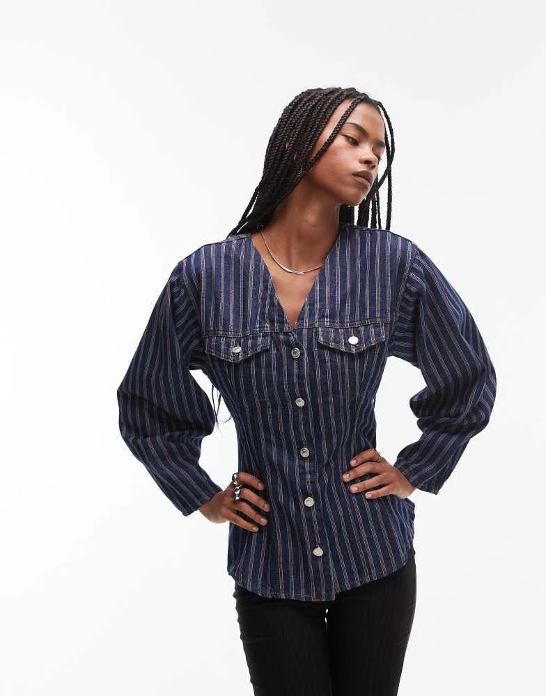 Topshop Topshop red stripe cinched denim shirt in indigo 1