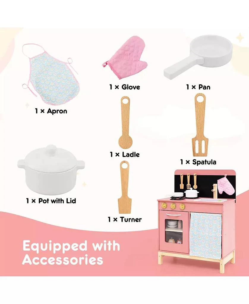 HONGGE Wooden Play Kitchen for Kids with Door Curtain and Cooking Accessories - Pink 6