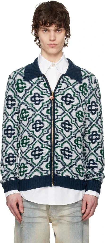 Casablanca Green & Navy Monogram Knit Zip Sweater 1