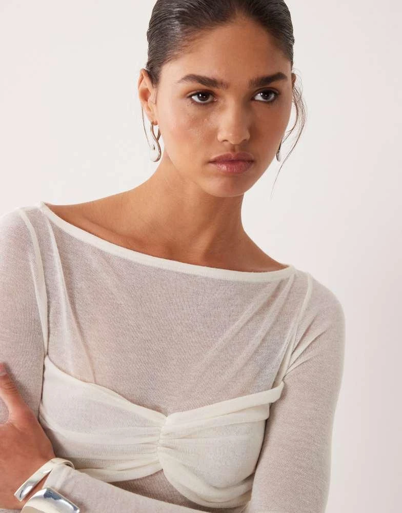ASOS ASOS DESIGN knit-look semi sheer long sleeve top with ruched bust overlay in ivory 2