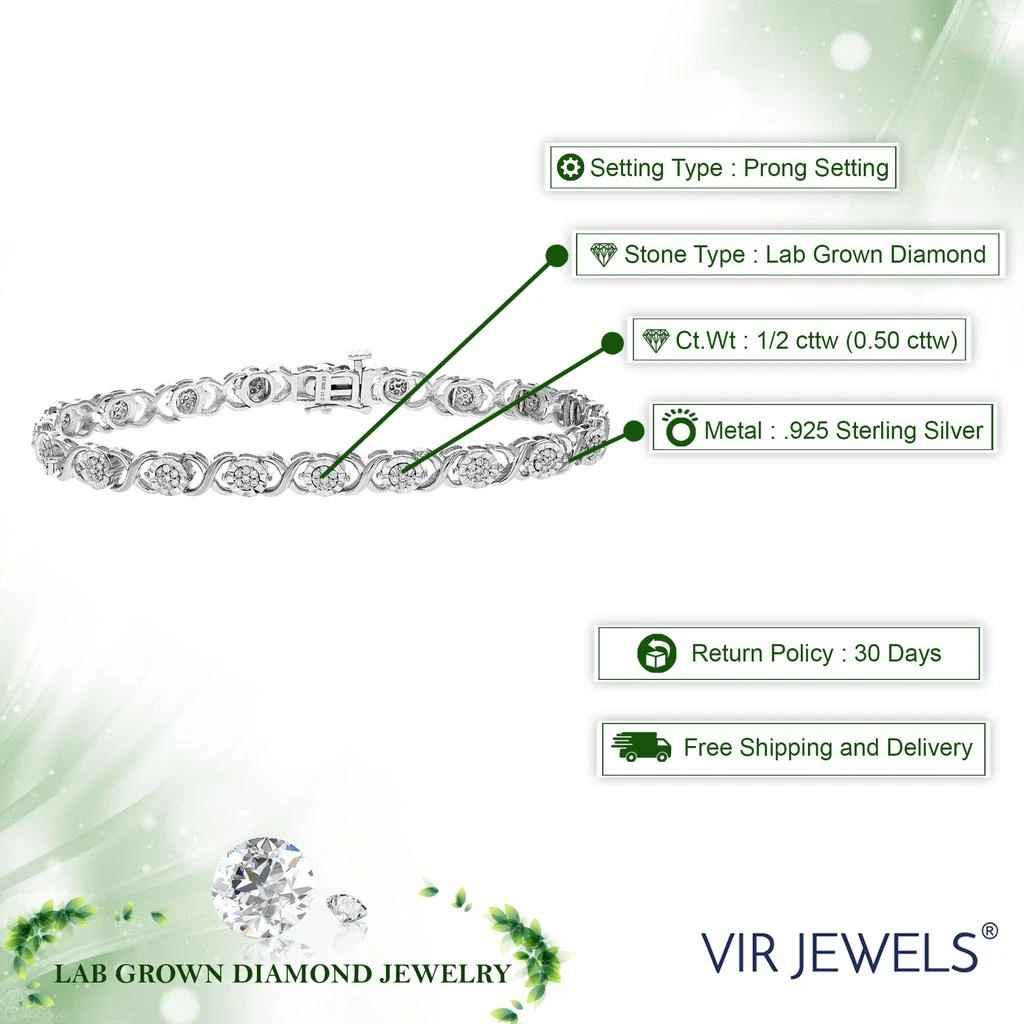 Vir Jewels 1/2 cttw Round Lab Grown Diamond Tennis Bracelet .925 Sterling Silver Prong Set 3