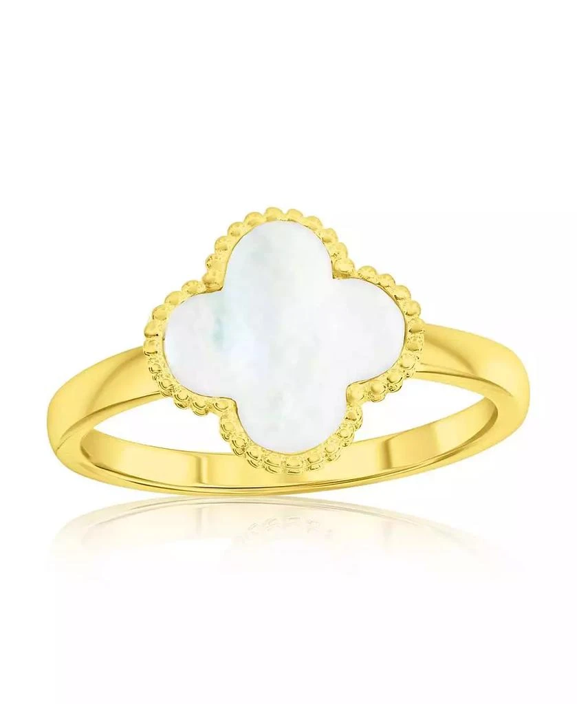 Simona Sterling Silver, Mother of Pearl Clover, Beaded Outline Ring - Gold Plated