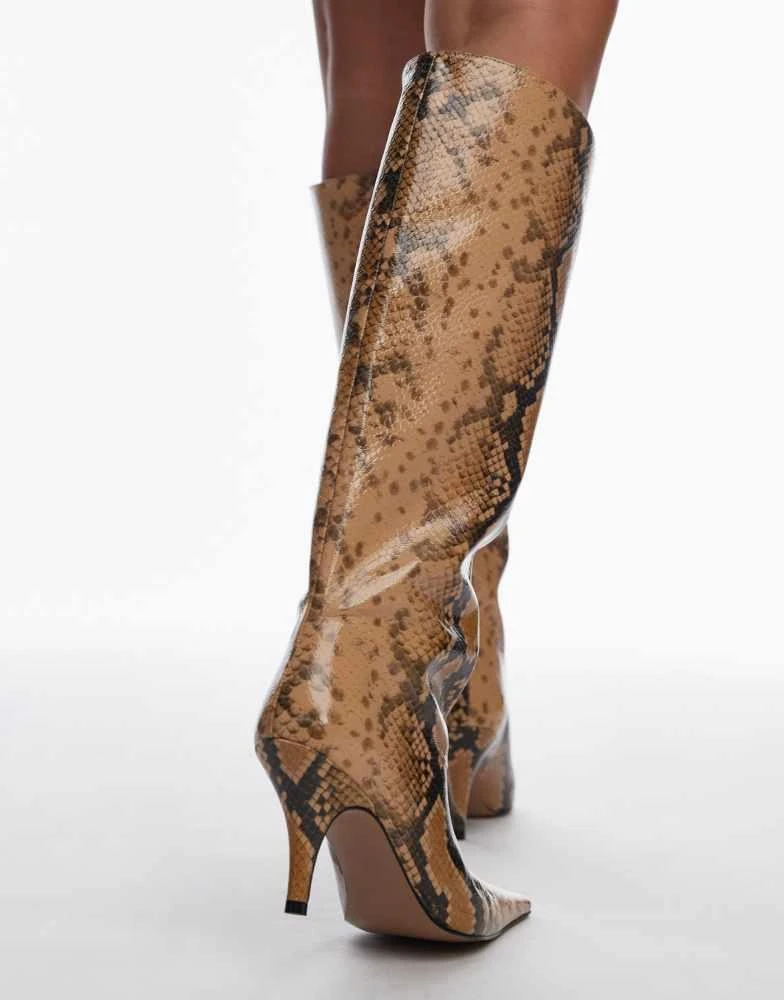 Mango Mango snake print knee high heeled boots in grey 3