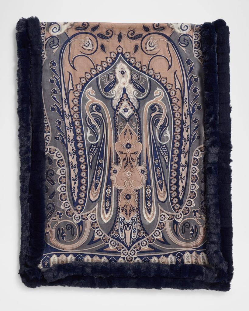 La Fiorentina Paisley-Print Cashmere-Blend Wrap with Faux Fur Trim