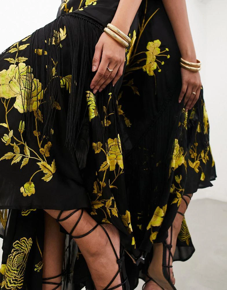 ASOS ASOS EDITION floral embroidered bias cut midi dress with fringe in black 4