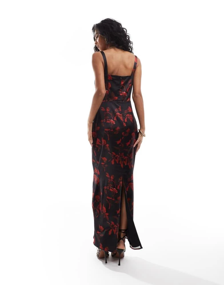 The Frolic The Frolic exclusive satin corset detail bodycon maxi dress in black rose print 3