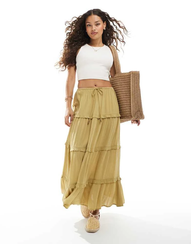 Miss Selfridge Miss Selfridge Petite tiered cheesecloth maxi skirt in light khaki 1