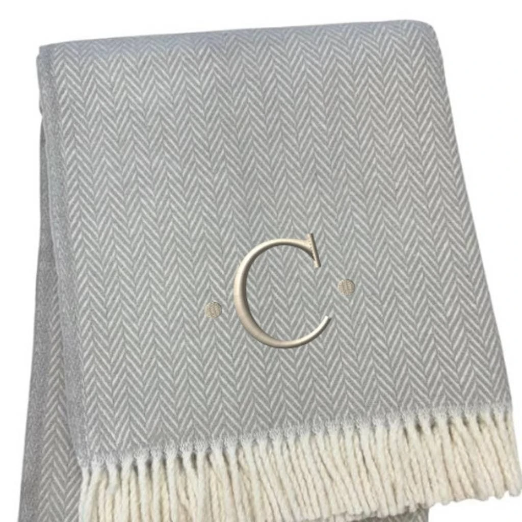 Hivvago 55" X 70" Gray And White Herringbone Cotton Blend C Initial Throw Blanket with Tassels And Embroidery 5