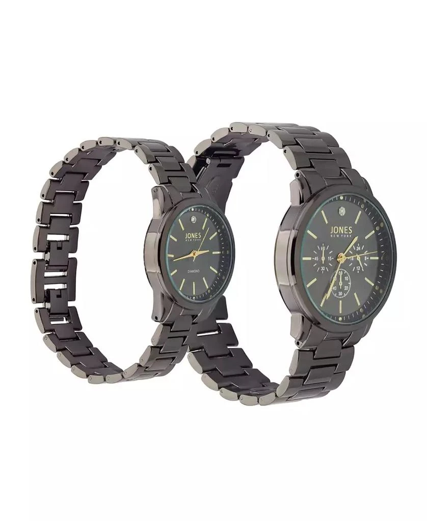 JONES NEW YORK Men and Women's Analog Shiny Black Metal Bracelet His Hers Watch 42mm, 32mm Gift Set 2