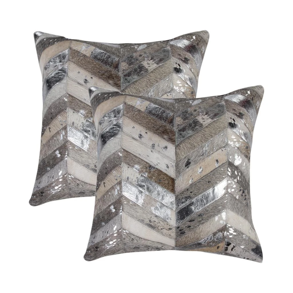 Hivvago Set of Two 18" Gray Brown And Silver Chevron Cowhide Throw Pillows 2