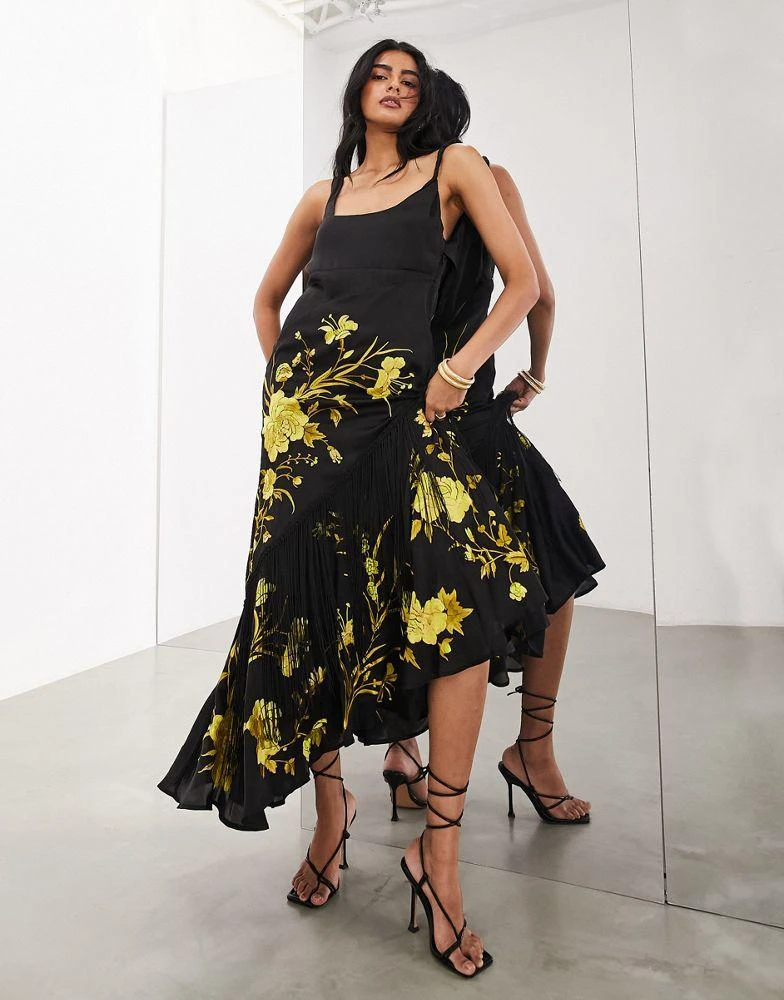 ASOS ASOS EDITION floral embroidered bias cut midi dress with fringe in black 1