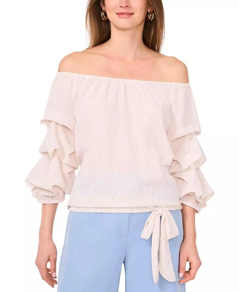 Vince Camuto Women's Sheer-Printed Off-The-Shoulder Bubble 3/4-Sleeve Tie-Front Blouse 1