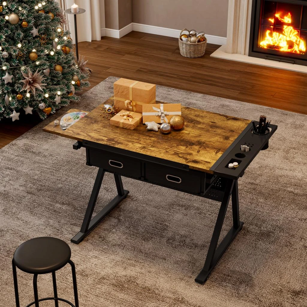 Streamdale Furniture Streamdale Adjustable Drawing Drafting Table Desk with 2 Drawers 
Stool (Brown) 5