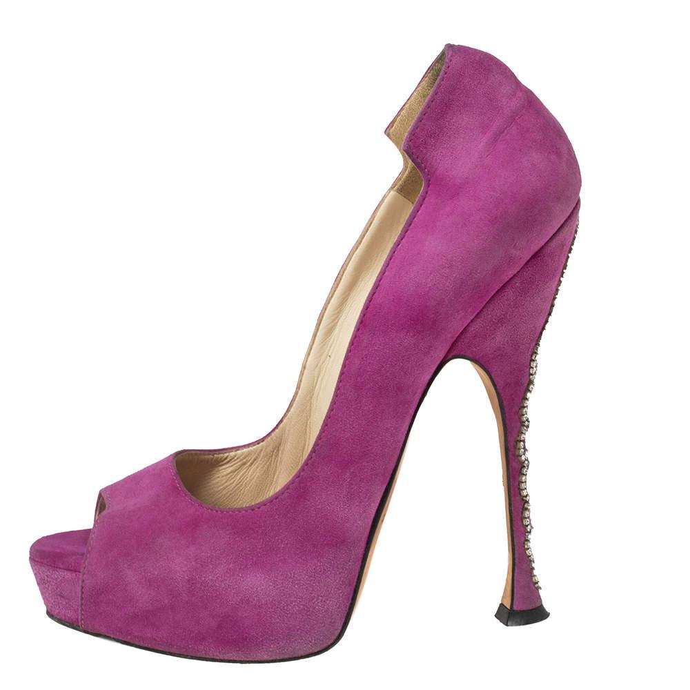 Brian Atwood Brian Atwood Magenta Suede Embellished Chain Heel Peep-Toe Pumps Size 37