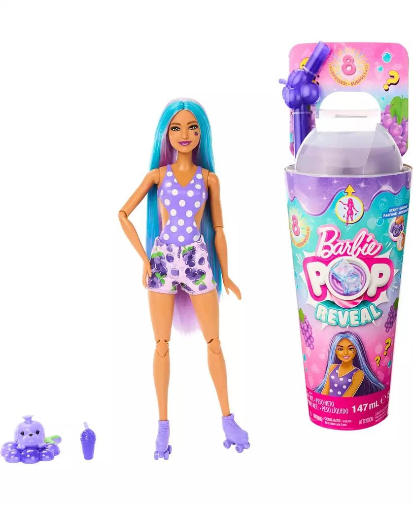 Barbie Pop Reveal Fruit Series Grape Fizz Doll, 8 Surprises Include Pet, Slime, Scent & Color Change 1