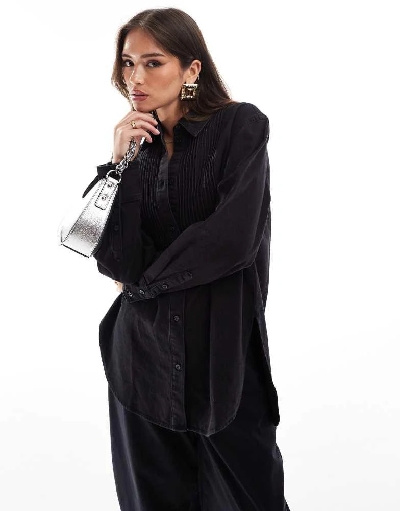 & Other Stories & Other Stories denim shirt with pleat detail in black 1