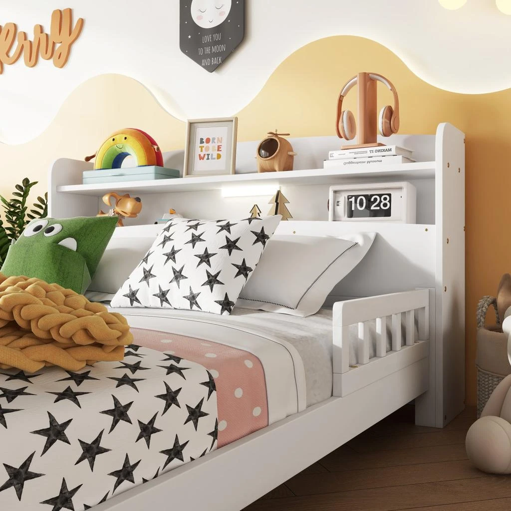 Streamdale Furniture Streamdale Pine Wood Bed with Bookcase Headboard, LED 
Guardrails, White 6