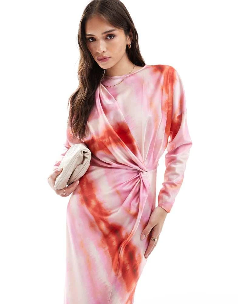 ASOS ASOS DESIGN twist front batwing sleeve satin maxi dress in blurred print 2