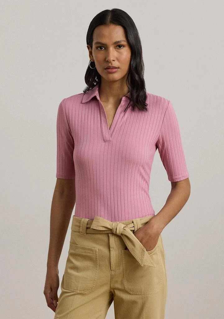 Ralph Lauren Women's Rib-Knit Elbow-Sleeve Polo Tee - Size XL in Rose Mauve