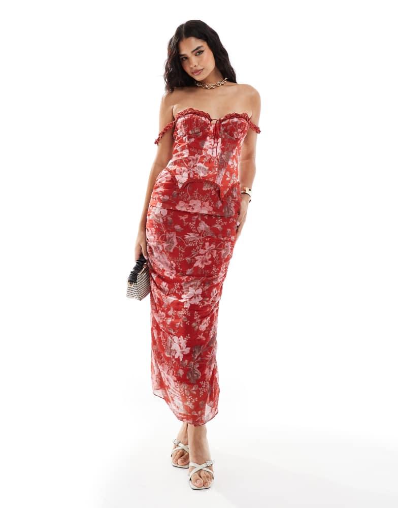 ASOS ASOS DESIGN off the shoulder satin corset detail chiffon ruched midi dress in red floral print