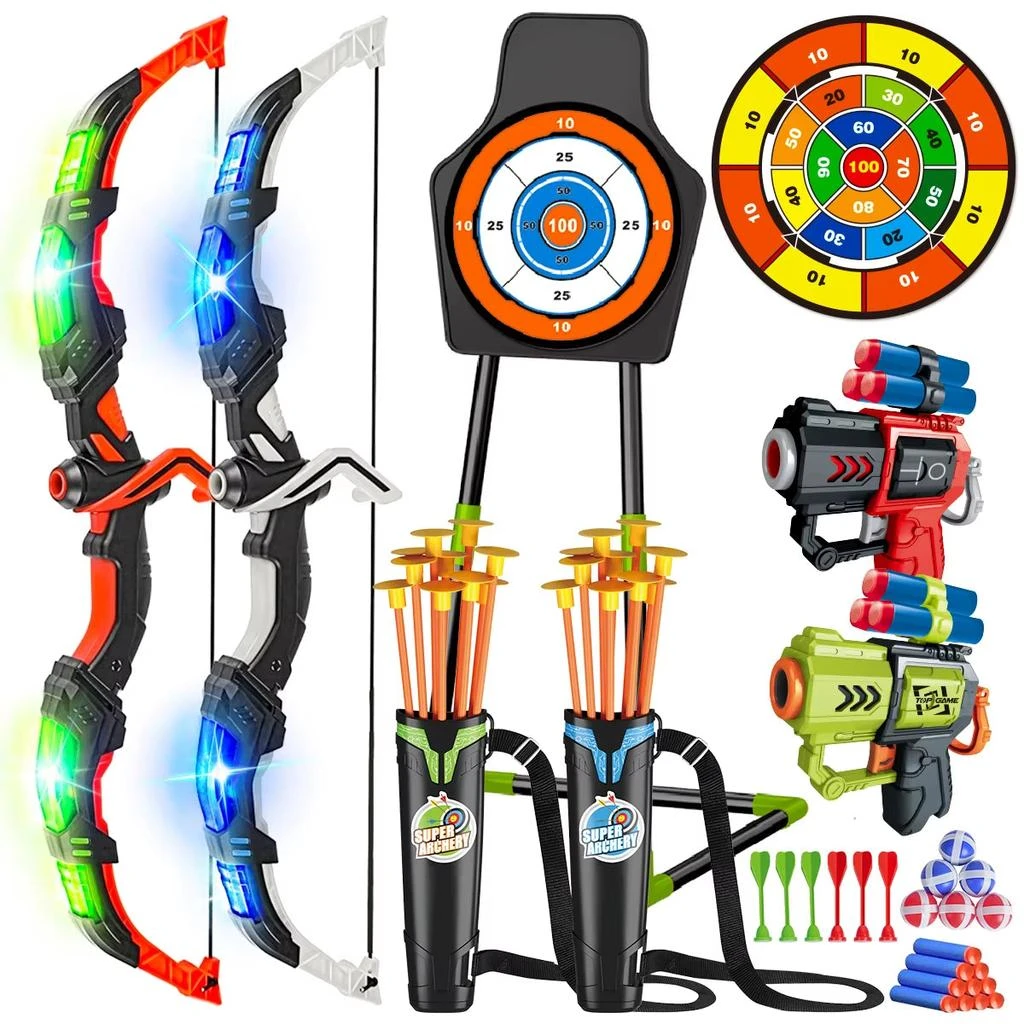 VATOS Dual Bow and Arrow Set with Target Board and Night-Light for Indoor and Outdoor Archery Play - Ideal Christmas Gift for Boys and Girls