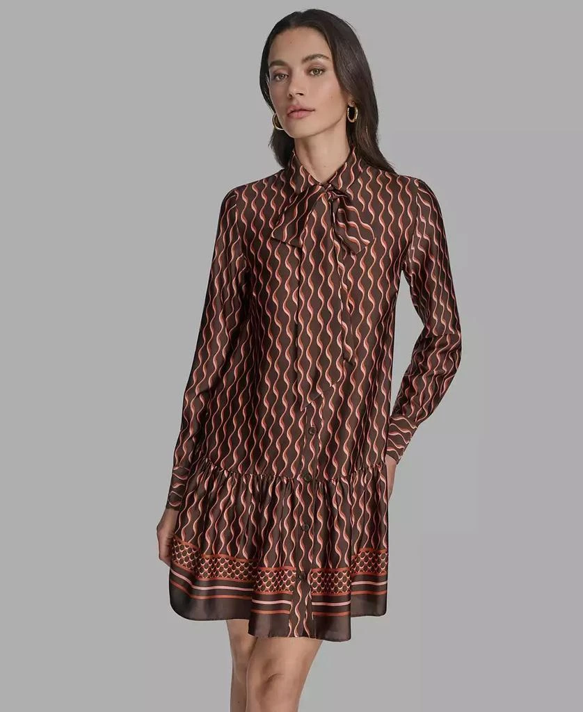 Women's Satin Tie-Neck Long-Sleeve Shift Dress – On Sale Now with