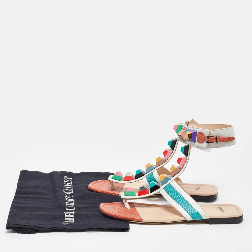 Shop Fendi Multicolor Leather Studded Thong Flat Sandals