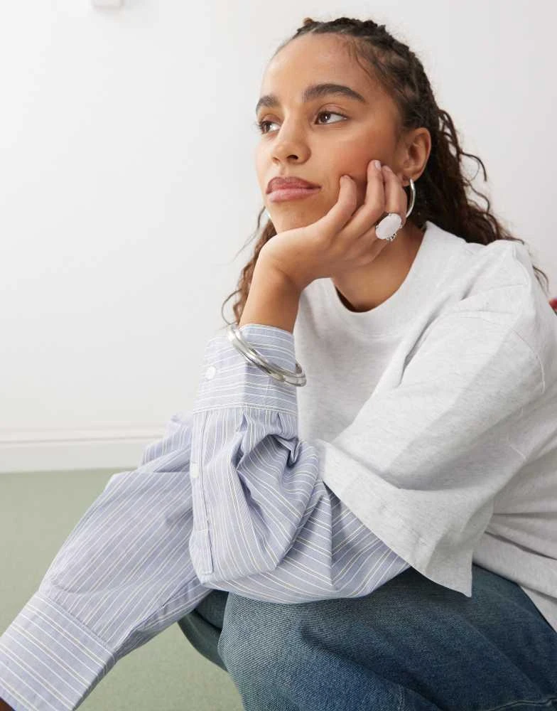 Lioness Lioness 2 in 1 oversized t-shirt overlay and striped long sleeve shirt in grey and blue stripe 2