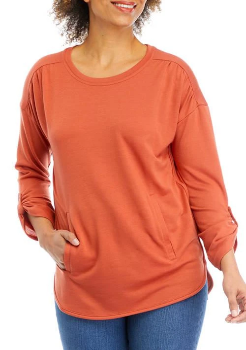 Cupio Womens Roll Tab Sleeve Smile Hem T Shirt 1