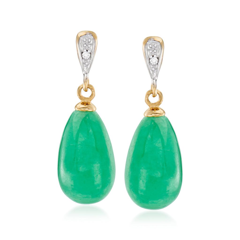 Ross-Simons Ross-Simons Jade Teardrop Earrings With Diamond Accents in 14kt Yellow Gold