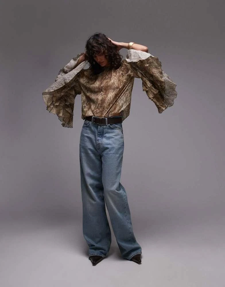 Mango Mango snake print ruffle sleeve blouse in brown 2