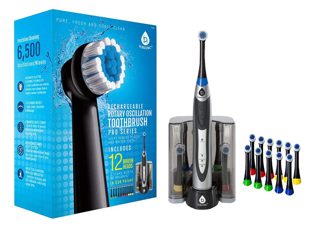 PURSONIC Deluxe Ultra High Powered Rotary Oscillating Rechargeable Electric Toothbrush with Dock Charger & 12 Brush Heads (Value Pack)