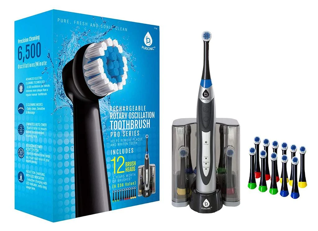 PURSONIC Deluxe Ultra High Powered Rotary Oscillating Rechargeable Electric Toothbrush with Dock Charger & 12 Brush Heads (Value Pack) 1