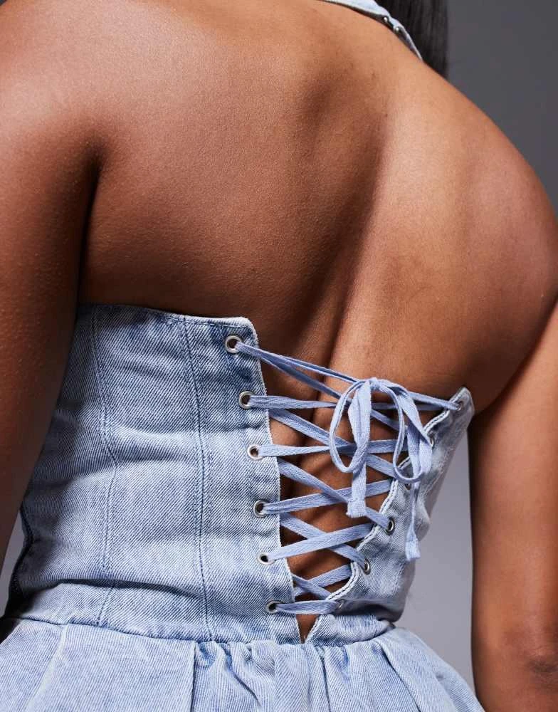 Shop Oh Polly Darcey halterneck corset micro mini dress in light blue  stonewash on Sale at BeyondStyle – Get 36% Off Oh Polly Darcey halterneck  corset micro mini dress in light blue