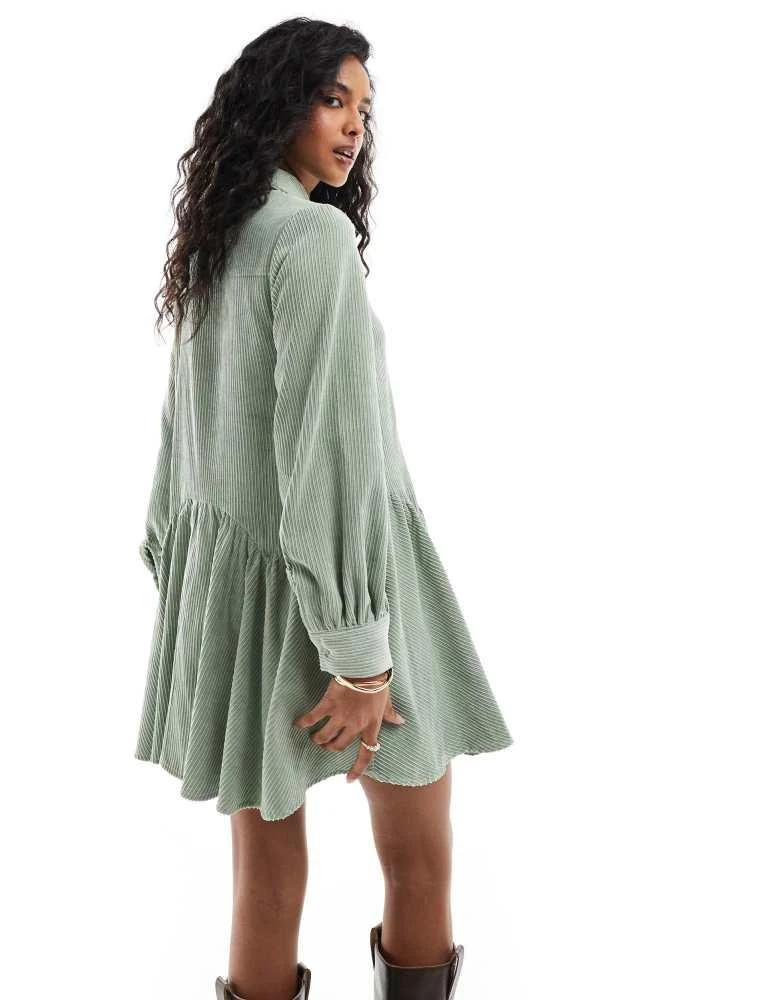 ASOS ASOS DESIGN cord smock mini dress with peplum hem in sage green 4