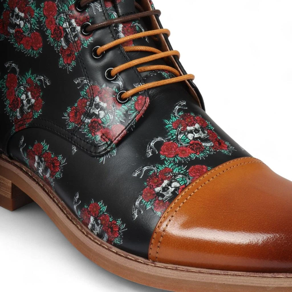 Justin Reess Heren Bruine Oxford Enkellaarsjes van Leer met Bloemenprint - Adam Skull 5