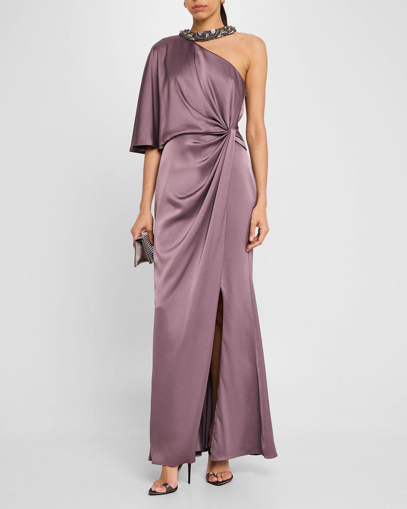 one19アンタレス One Shoulder Floral Jacquard Belted Gown In Blue Multi - Adrianna