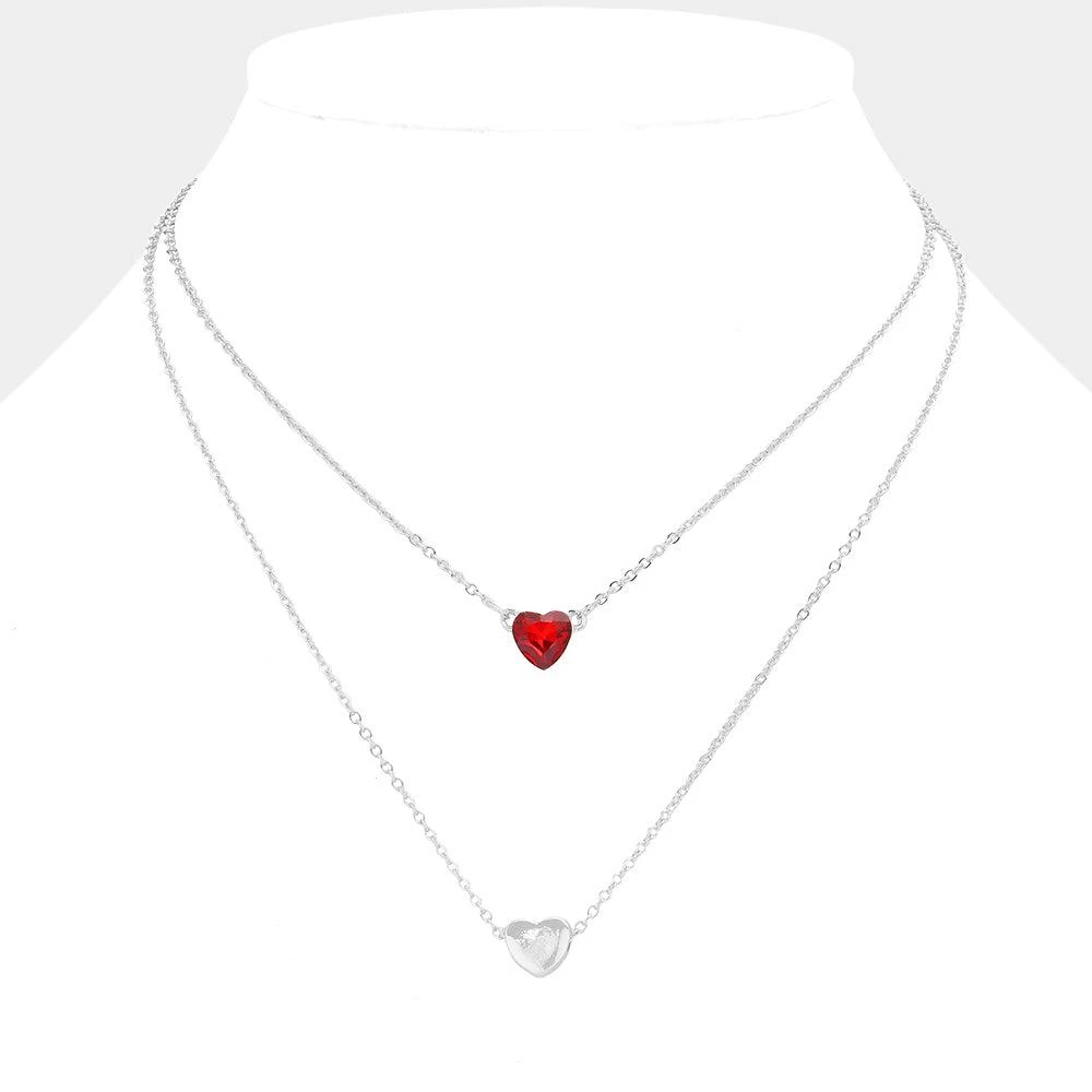 FASHNZFAB Round Stone Metal Heart Pendant Layered Necklace