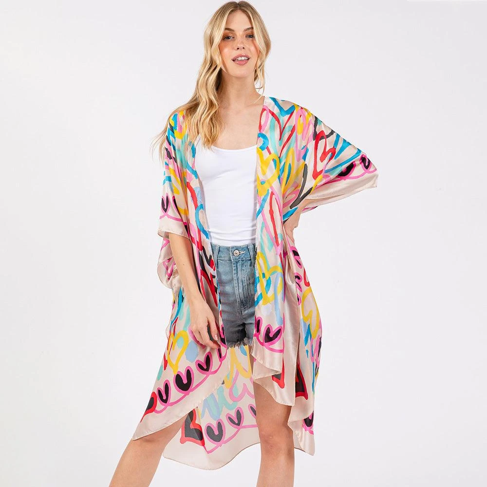 TRUEDAMES Multi Colored Heart Print Silky Feel Kimono Poncho 2