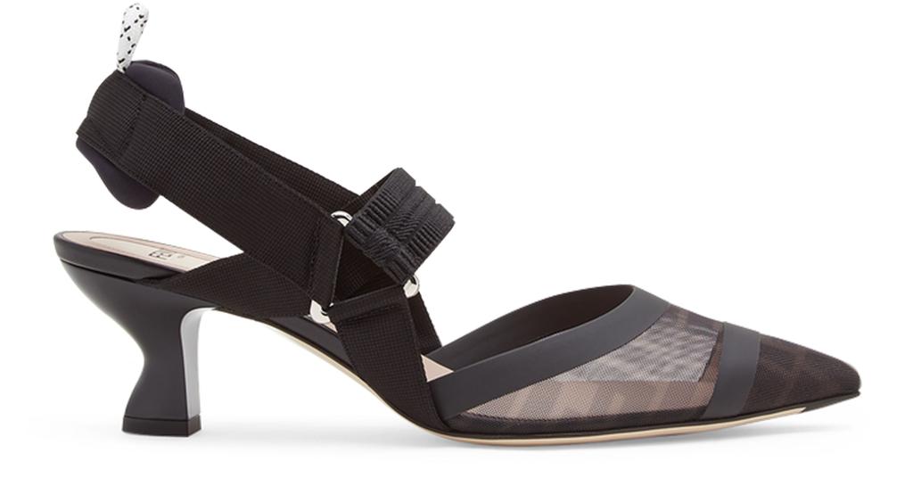 Fendi Black leather and mesh slingbacks with medium heel