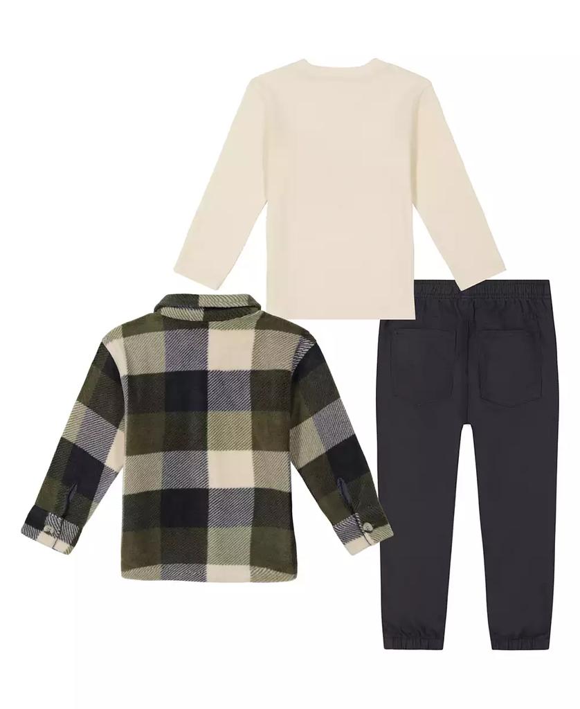 KIDS HEADQUARTERS Toddler and Little Boys, Plaid Polar Fleece Shacket, Hooded Tee Twill Joggers