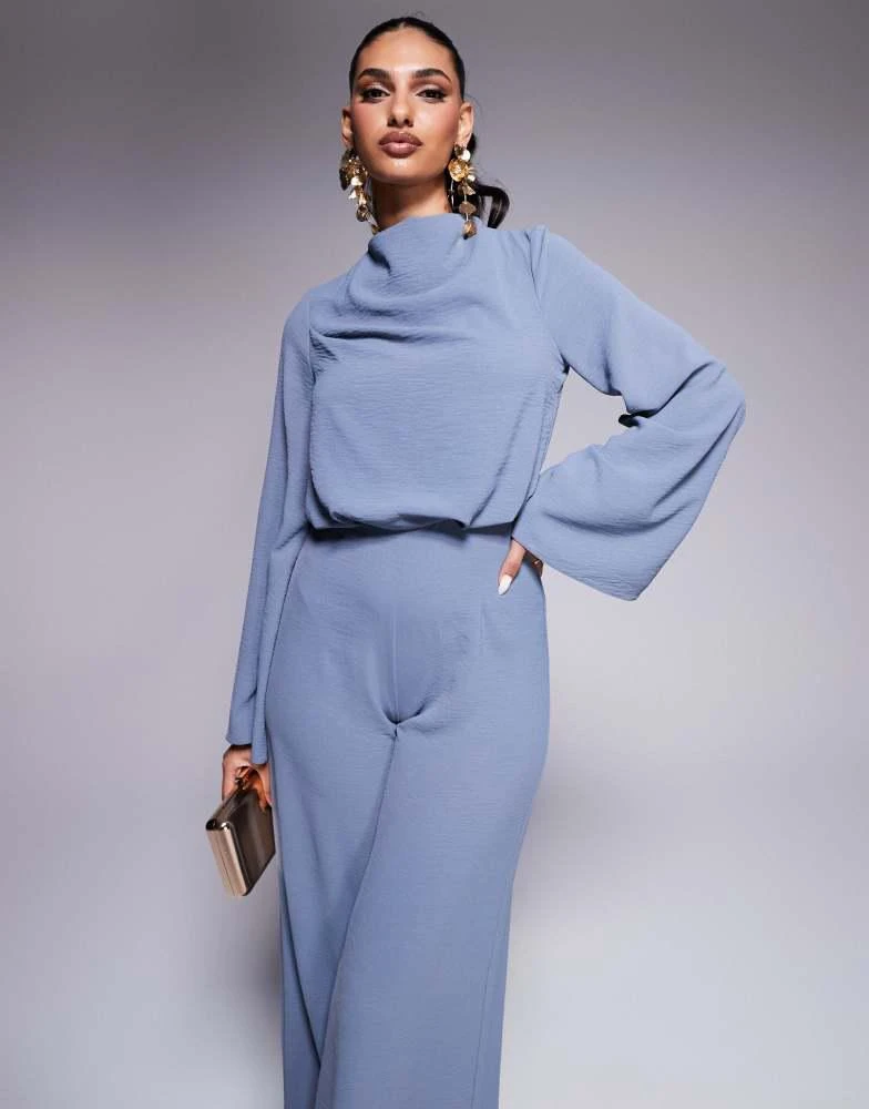 ASOS ASOS DESIGN cowl neck long sleeve jumpsuit with open back in dusky blue 4