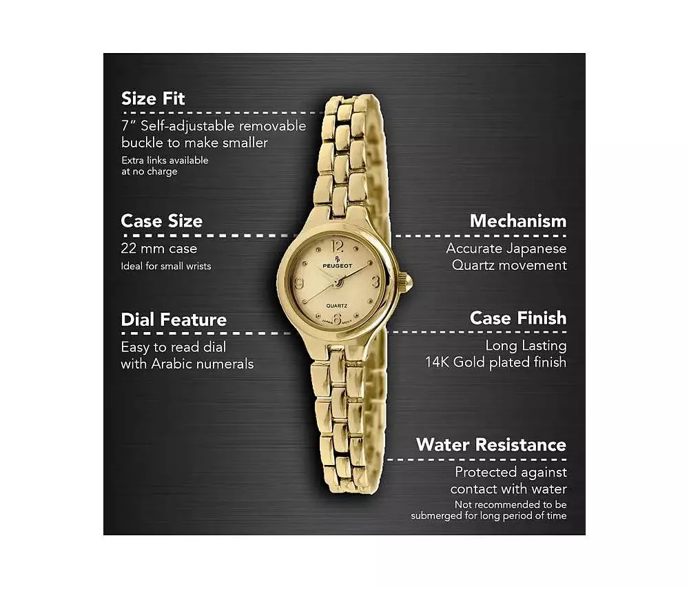 Peugeot Women's 22mm Gold Dial Round Self-Adjust Link Bracelet Watch 5