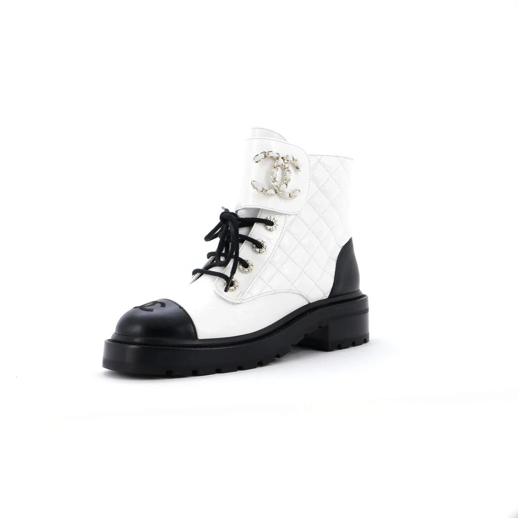Chanel Women's Chain CC Cap Toe Lace Up Combat Boots Quilted Leather 1