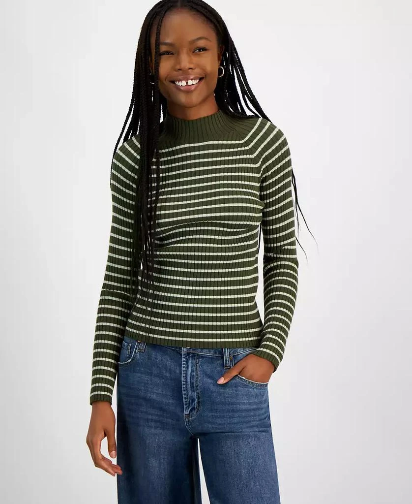 Hooked Up by IOT Juniors’ Fine Gauge Mock-Neck Striped Sweater 1