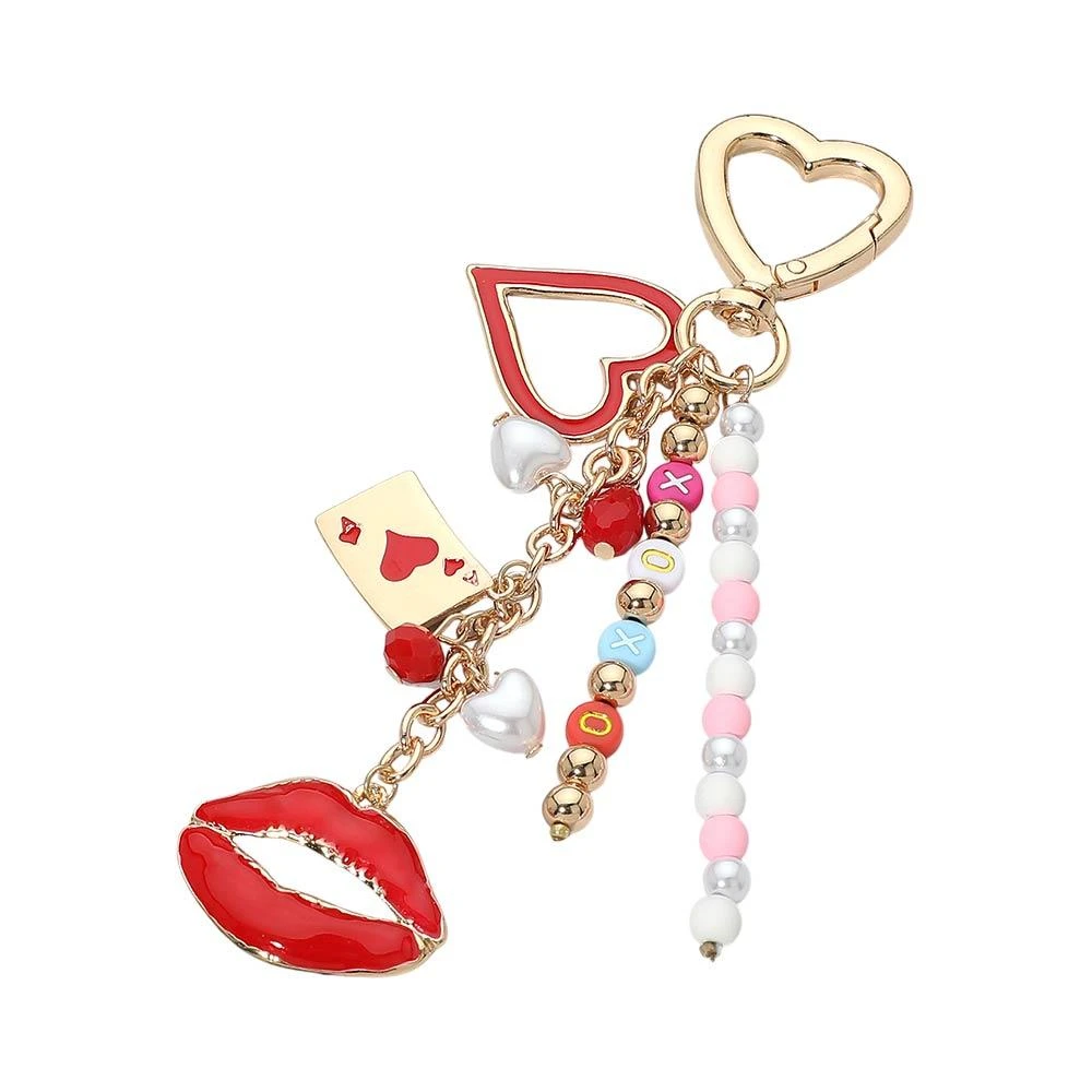 FASHNZFAB Lips Charm Drop Heart Charm Embellished Beaded Tassel Keychain Bag Charm 2